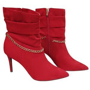 NWOT Marc Fisher Red Suede Ankle Boots 8.5 Gold Chain Stiletto Heels Bold Fierce